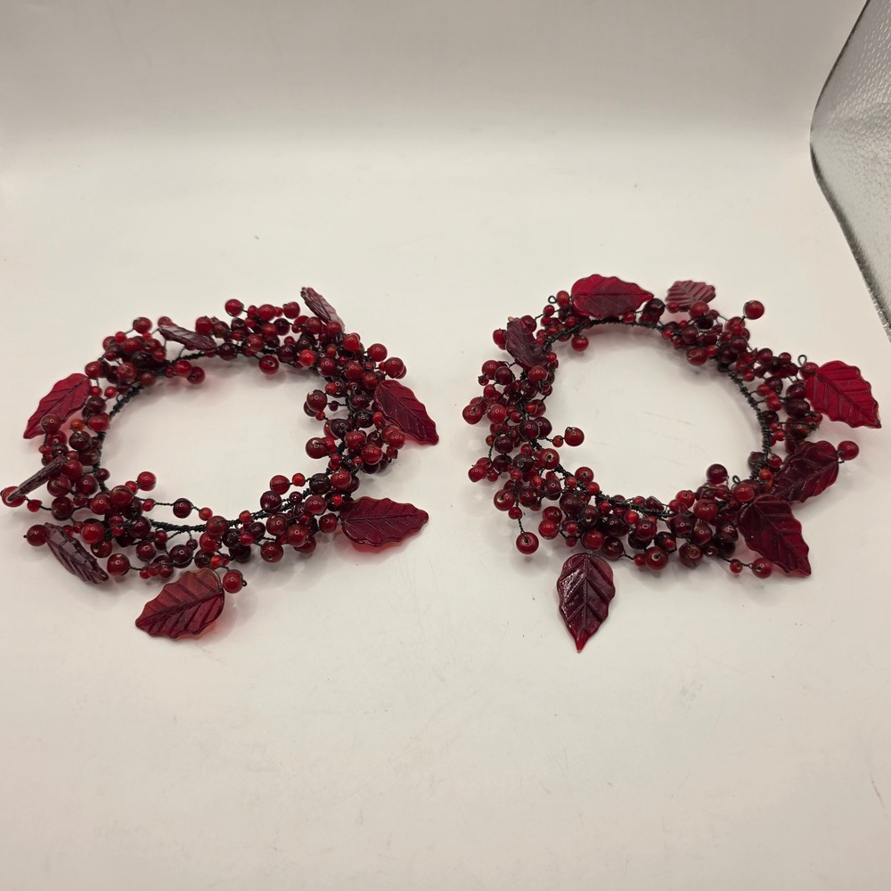 Pottery Barn Red Pepperberry Glass Bead Candle Ring Set of 2 Holiday Decor